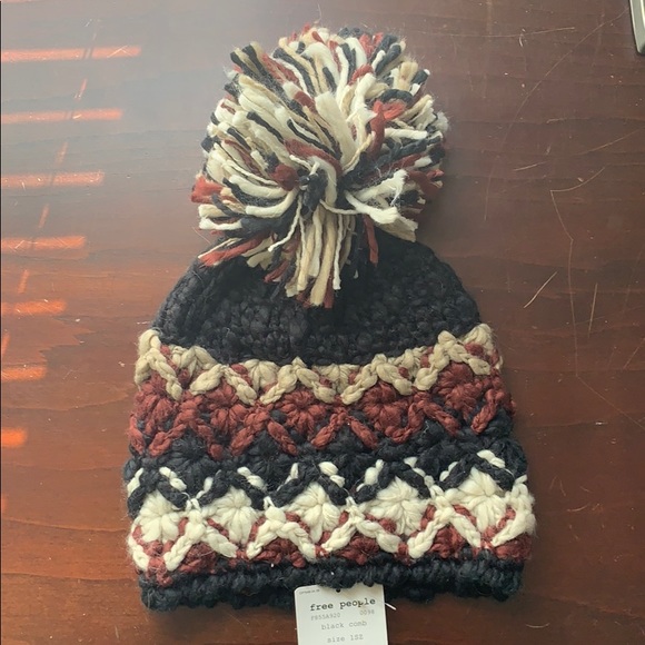 Free People Accessories - NWT Free People Black & Burgundy Knit Pom Hat